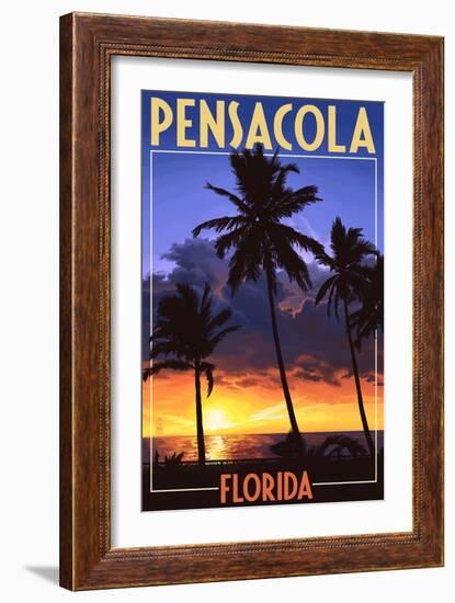 Palms and Sunset - Pensacola, Florida-Lantern Press-Framed Art Print