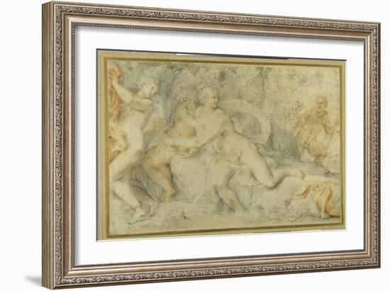 Pan and a Companion Surprise Three Nymphs Bathing-Pietro da Pietri-Framed Giclee Print