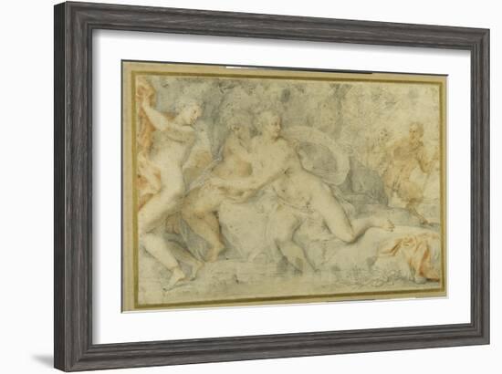 Pan and a Companion Surprise Three Nymphs Bathing-Pietro da Pietri-Framed Giclee Print