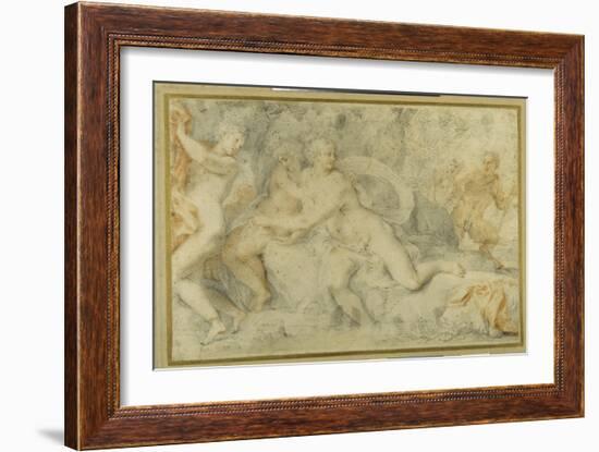 Pan and a Companion Surprise Three Nymphs Bathing-Pietro da Pietri-Framed Giclee Print