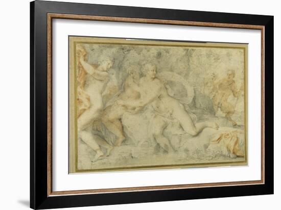 Pan and a Companion Surprise Three Nymphs Bathing-Pietro da Pietri-Framed Giclee Print