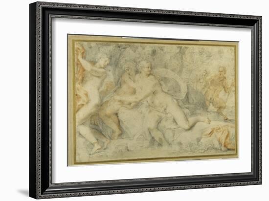 Pan and a Companion Surprise Three Nymphs Bathing-Pietro da Pietri-Framed Giclee Print