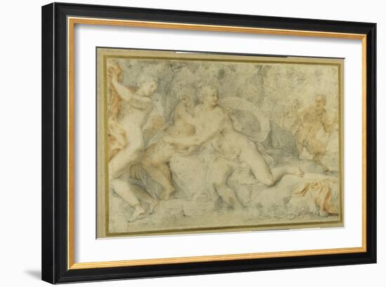 Pan and a Companion Surprise Three Nymphs Bathing-Pietro da Pietri-Framed Giclee Print