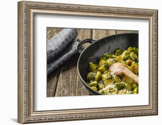 Pan-Fried Brussels Sprouts in Cast-Iron Frying Pan on Wooden Table-Jana Ihle-Framed Photographic Print