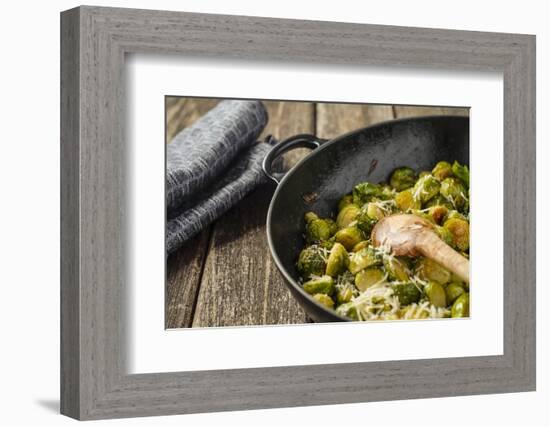 Pan-Fried Brussels Sprouts in Cast-Iron Frying Pan on Wooden Table-Jana Ihle-Framed Photographic Print