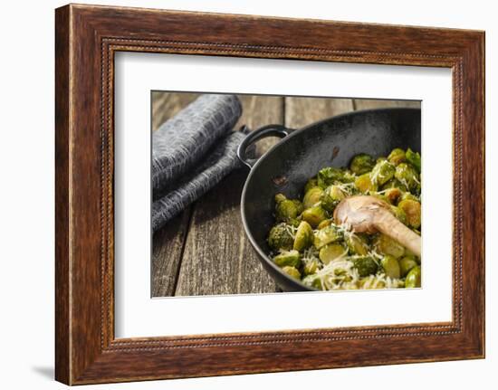 Pan-Fried Brussels Sprouts in Cast-Iron Frying Pan on Wooden Table-Jana Ihle-Framed Photographic Print