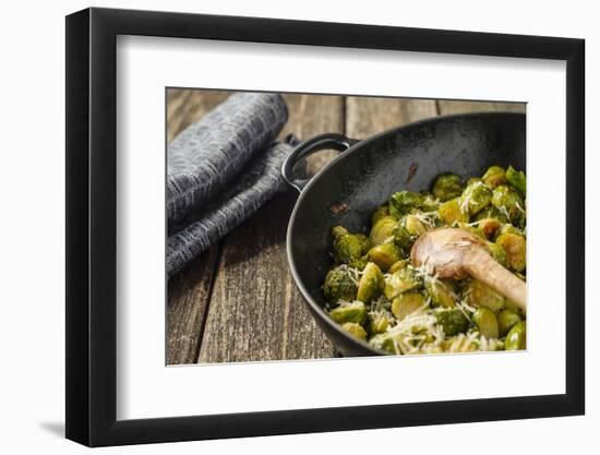 Pan-Fried Brussels Sprouts in Cast-Iron Frying Pan on Wooden Table-Jana Ihle-Framed Photographic Print