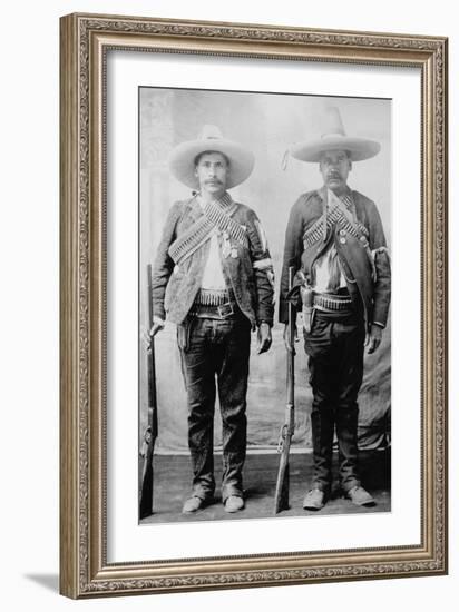 Pancho Villa's Men Urbino and Iluarte Stand at Attention with Rifles, Bandoliers and Pistols-null-Framed Art Print