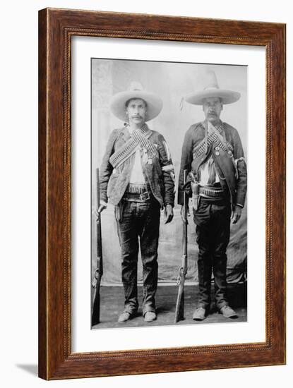 Pancho Villa's Men Urbino and Iluarte Stand at Attention with Rifles, Bandoliers and Pistols-null-Framed Art Print