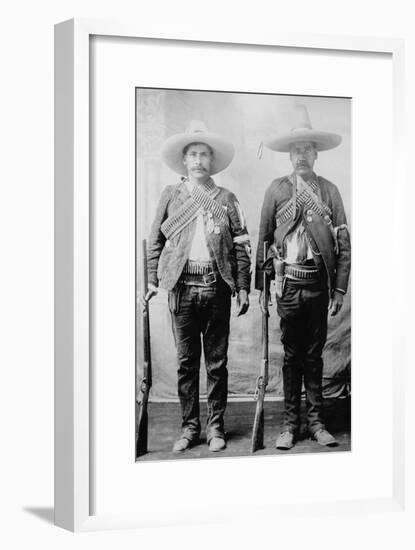 Pancho Villa's Men Urbino and Iluarte Stand at Attention with Rifles, Bandoliers and Pistols-null-Framed Art Print