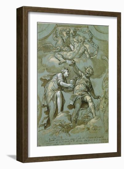 Pandora Offers the Box to Epimetheus-Paolo Farinati-Framed Giclee Print