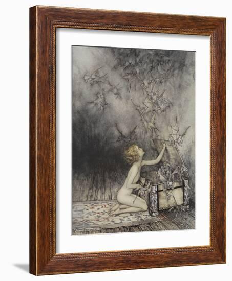 Pandora Opening a Box, From Which Flies Bats-Arthur Rackham-Framed Giclee Print