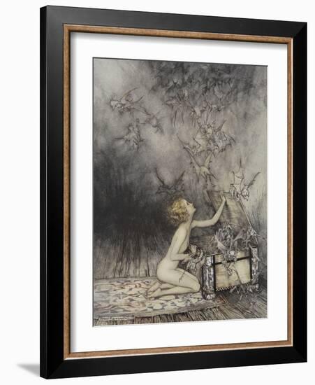 Pandora Opening a Box, From Which Flies Bats-Arthur Rackham-Framed Giclee Print