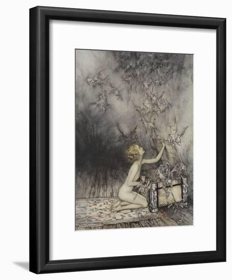 Pandora Opening a Box, From Which Flies Bats-Arthur Rackham-Framed Giclee Print