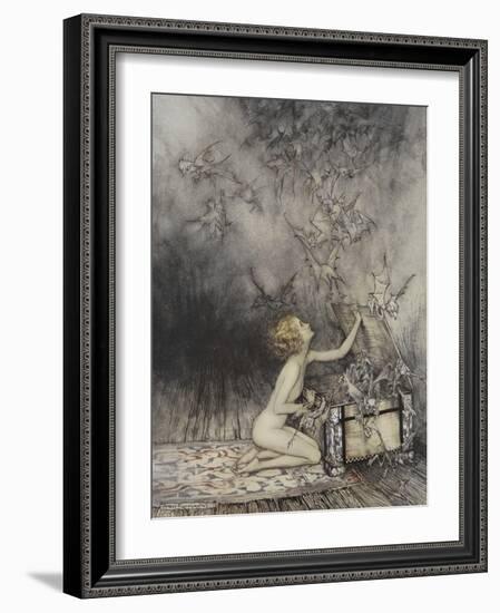 Pandora Opening a Box, From Which Flies Bats-Arthur Rackham-Framed Giclee Print