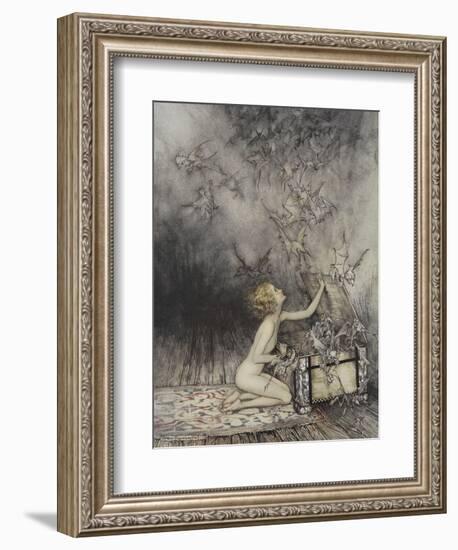 Pandora Opening a Box, From Which Flies Bats-Arthur Rackham-Framed Giclee Print