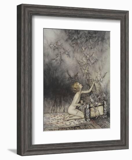 Pandora Opening a Box, From Which Flies Bats-Arthur Rackham-Framed Giclee Print