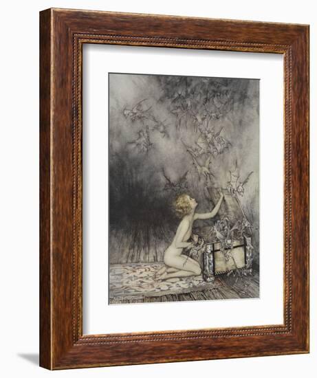 Pandora Opening a Box, From Which Flies Bats-Arthur Rackham-Framed Giclee Print