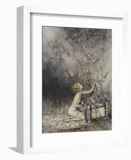 Pandora Opening a Box, From Which Flies Bats-Arthur Rackham-Framed Giclee Print