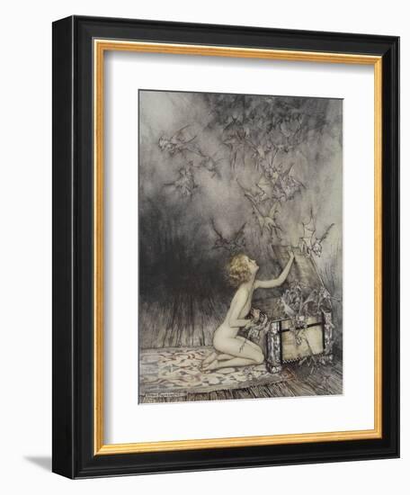 Pandora Opening a Box, From Which Flies Bats-Arthur Rackham-Framed Giclee Print