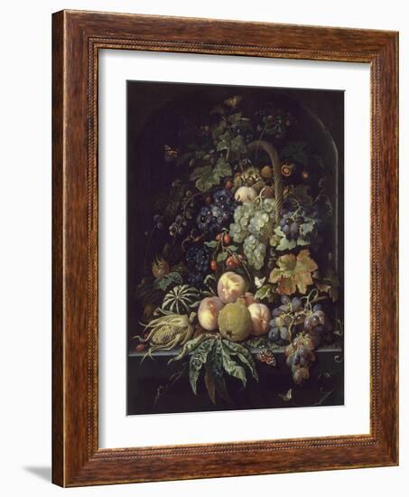 Panier de fleurs, fruits et insectes dans une niche-Abraham Mignon-Framed Giclee Print