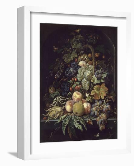 Panier de fleurs, fruits et insectes dans une niche-Abraham Mignon-Framed Giclee Print