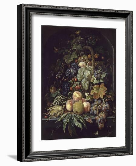 Panier de fleurs, fruits et insectes dans une niche-Abraham Mignon-Framed Giclee Print