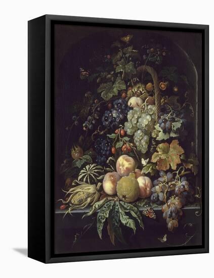 Panier de fleurs, fruits et insectes dans une niche-Abraham Mignon-Framed Premier Image Canvas