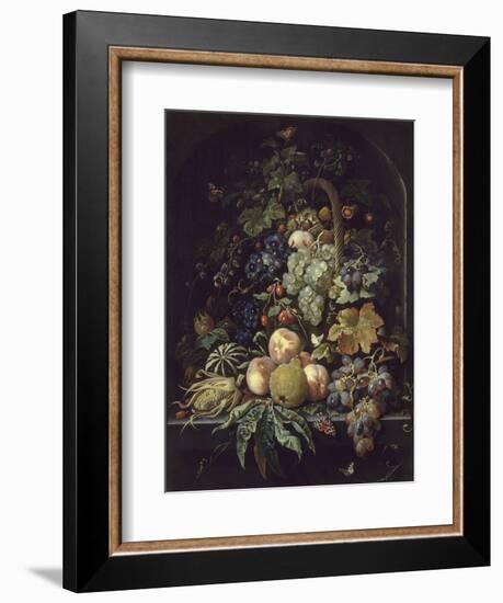 Panier de fleurs, fruits et insectes dans une niche-Abraham Mignon-Framed Giclee Print