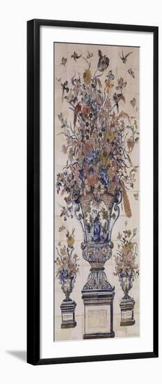 Panneau composé de 108 carreaux (tegeltableau); grand vase Médicis posé sur un piédestal garni-null-Framed Giclee Print