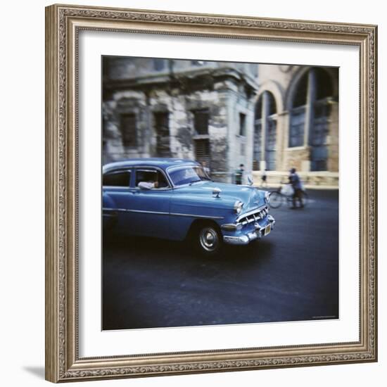 Panned Shot of an Old Blue American Car, Havana, Cuba, West Indies, Central America-Lee Frost-Framed Photographic Print