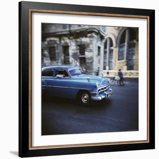 Panned Shot of an Old Blue American Car, Havana, Cuba, West Indies, Central America-Lee Frost-Framed Photographic Print