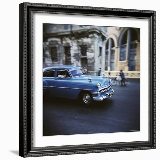 Panned Shot of an Old Blue American Car, Havana, Cuba, West Indies, Central America-Lee Frost-Framed Photographic Print