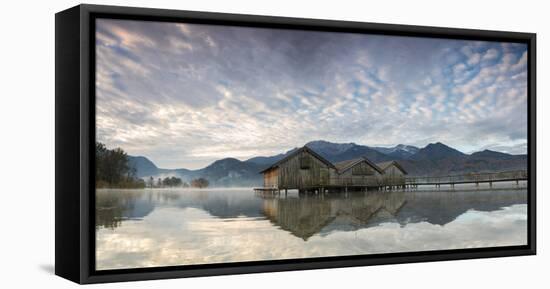 Panorama of Kochelsee framed by pink clouds at sunset, Schlehdorf, Bavaria, Germany, Europe-Roberto Moiola-Framed Premier Image Canvas