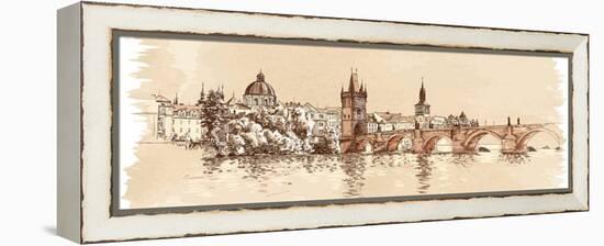 Panorama of Prague. View of Charles Bridge and the Vltava River Embankment. Vector Drawing--Vladimir--Framed Stretched Canvas