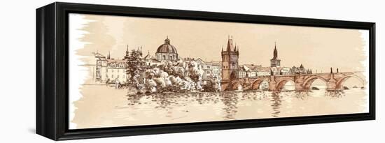 Panorama of Prague. View of Charles Bridge and the Vltava River Embankment. Vector Drawing--Vladimir--Framed Stretched Canvas