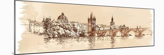 Panorama of Prague. View of Charles Bridge and the Vltava River Embankment. Vector Drawing--Vladimir--Mounted Art Print