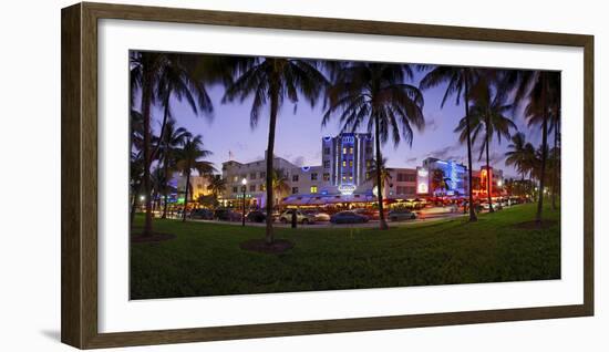 Panorama of the Art Deco Hotels at Ocean Drive, Dusk, Miami South Beach, Art Deco District, Florida-Axel Schmies-Framed Photographic Print