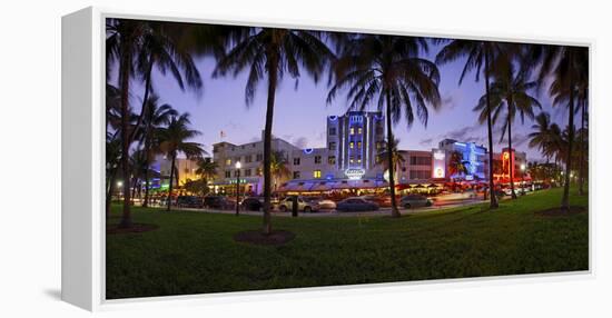 Panorama of the Art Deco Hotels at Ocean Drive, Dusk, Miami South Beach, Art Deco District, Florida-Axel Schmies-Framed Premier Image Canvas