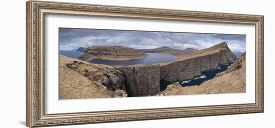 Panorama of the dramatic sea cliffs near Sørvágsvatn lake on the island of -Adam Burton-Framed Photographic Print