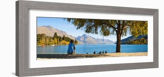 Panorama of Tourist Relaxing by Lake Wakatipu in Autumn at Queenstown, Otago, New Zealand-Matthew Williams-Ellis-Framed Photographic Print