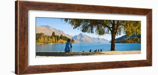 Panorama of Tourist Relaxing by Lake Wakatipu in Autumn at Queenstown, Otago, New Zealand-Matthew Williams-Ellis-Framed Photographic Print