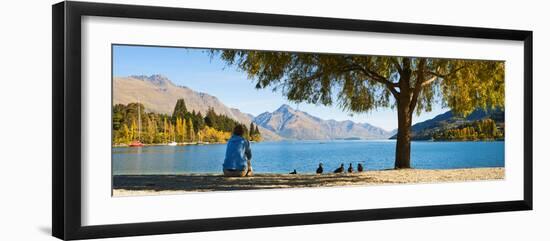 Panorama of Tourist Relaxing by Lake Wakatipu in Autumn at Queenstown, Otago, New Zealand-Matthew Williams-Ellis-Framed Photographic Print