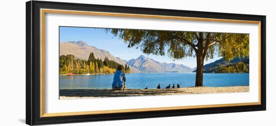 Panorama of Tourist Relaxing by Lake Wakatipu in Autumn at Queenstown, Otago, New Zealand-Matthew Williams-Ellis-Framed Photographic Print