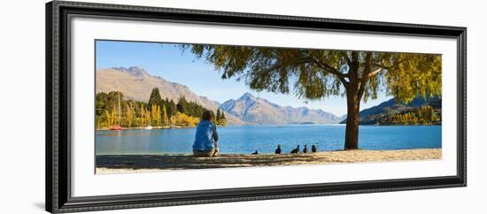 Panorama of Tourist Relaxing by Lake Wakatipu in Autumn at Queenstown, Otago, New Zealand-Matthew Williams-Ellis-Framed Photographic Print