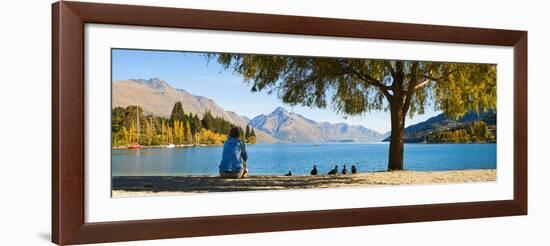 Panorama of Tourist Relaxing by Lake Wakatipu in Autumn at Queenstown, Otago, New Zealand-Matthew Williams-Ellis-Framed Photographic Print