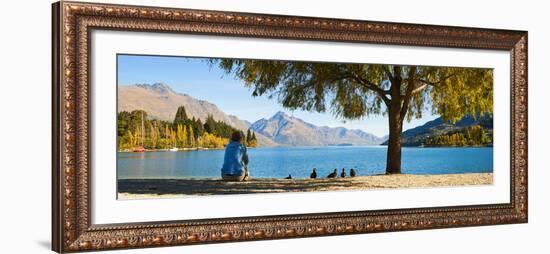 Panorama of Tourist Relaxing by Lake Wakatipu in Autumn at Queenstown, Otago, New Zealand-Matthew Williams-Ellis-Framed Photographic Print