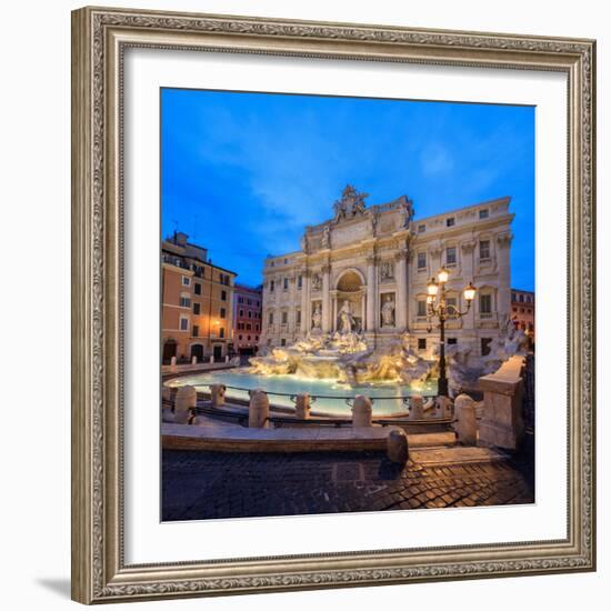 Panorama of Trevi Fountain Illuminated by Street Lamps and the Lights at Dusk, Rome, Lazio-Roberto Moiola-Framed Photographic Print