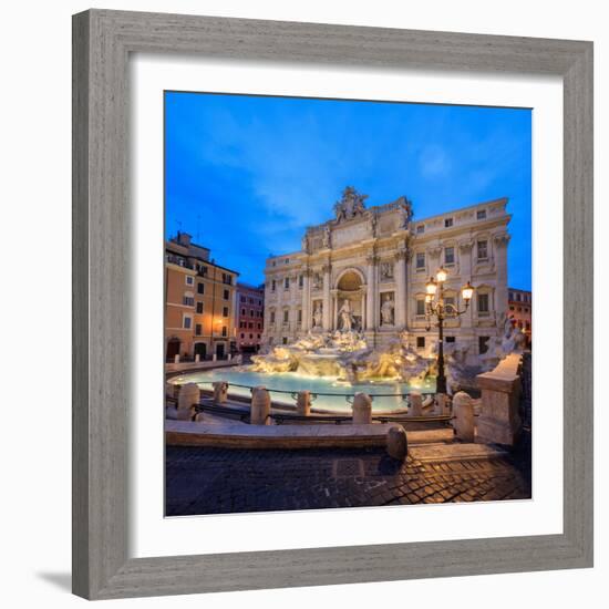 Panorama of Trevi Fountain Illuminated by Street Lamps and the Lights at Dusk, Rome, Lazio-Roberto Moiola-Framed Photographic Print