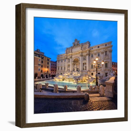 Panorama of Trevi Fountain Illuminated by Street Lamps and the Lights at Dusk, Rome, Lazio-Roberto Moiola-Framed Photographic Print